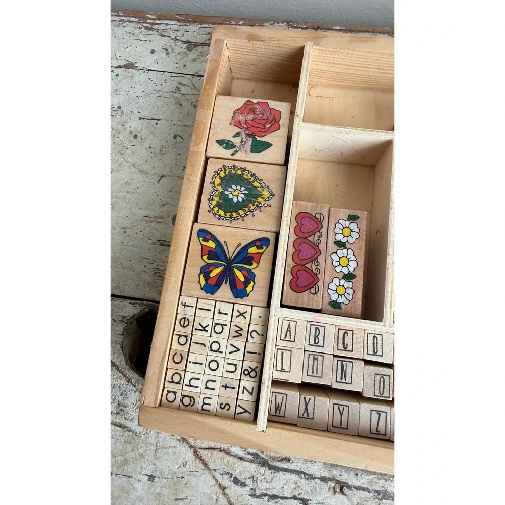 Melissa & Doug Wooden Rubber Stamp Set Alphabet Rainbow Butterfly Hearts